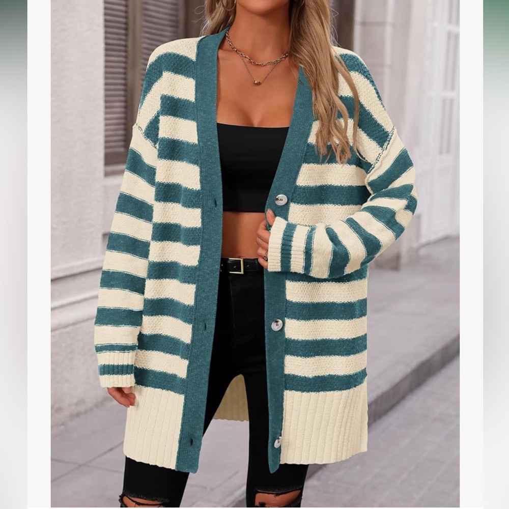 NWOT Blue and Cream Striped Cardigan